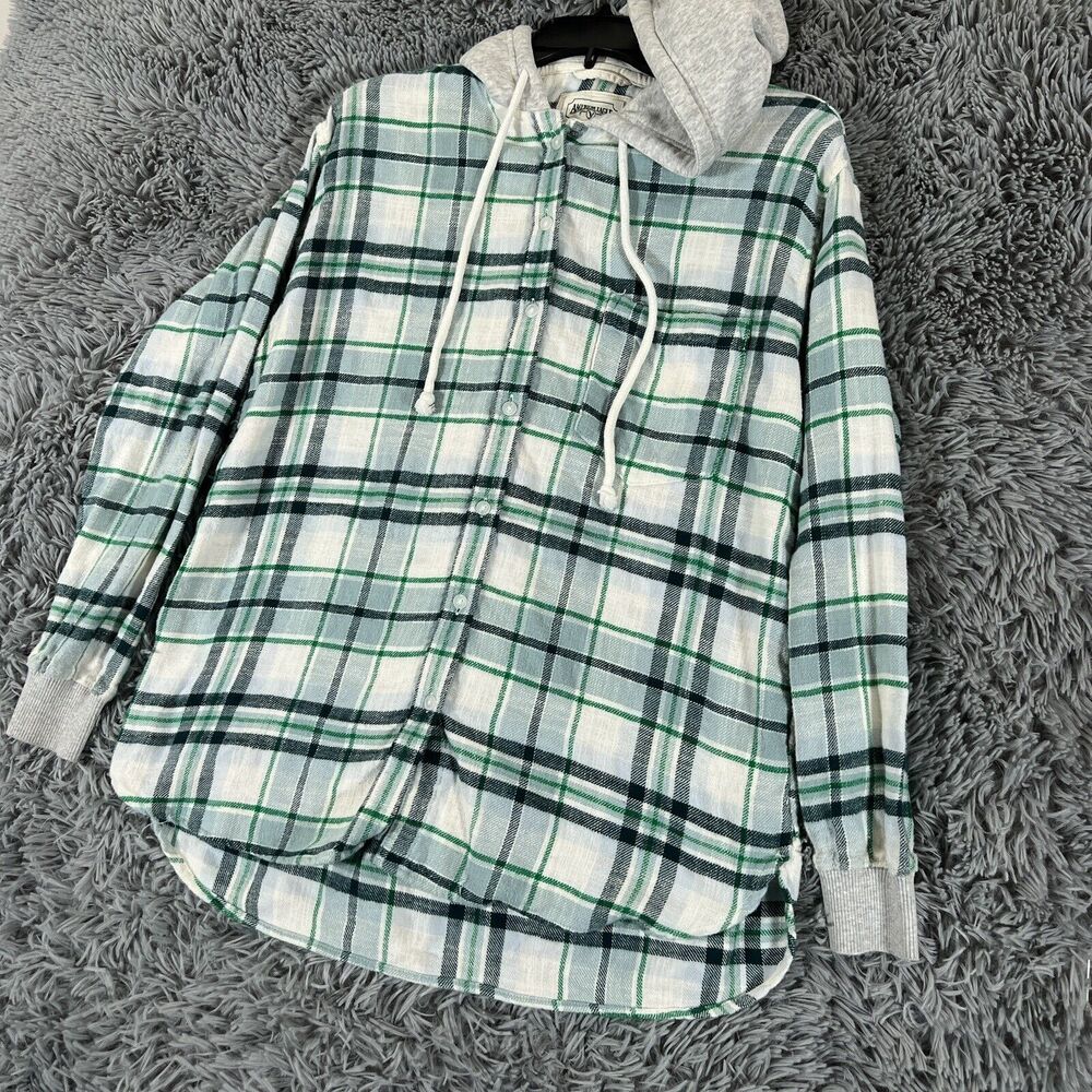American Eagle Adult Shirt Small Green White Flannel Hoodie Button Up Mens